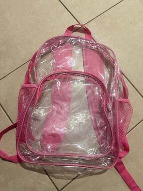 Clear Transparent Backpack with Pink Trim and Mesh Side Pockets